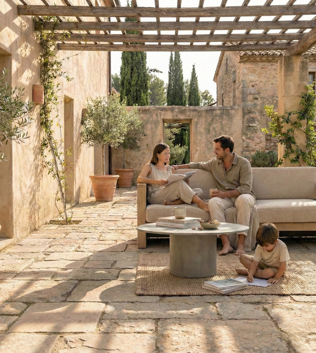 Tavolino ARKÉ MANOFATTI ambientato in una corte mediterranea in pietra con pergola in legno e cipressi