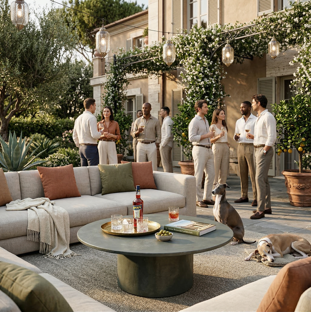 Tavolino ARKÉ MANOFATTI in finitura verde oliva ambientato in una lounge outdoor durante un aperitivo in giardino mediterraneo