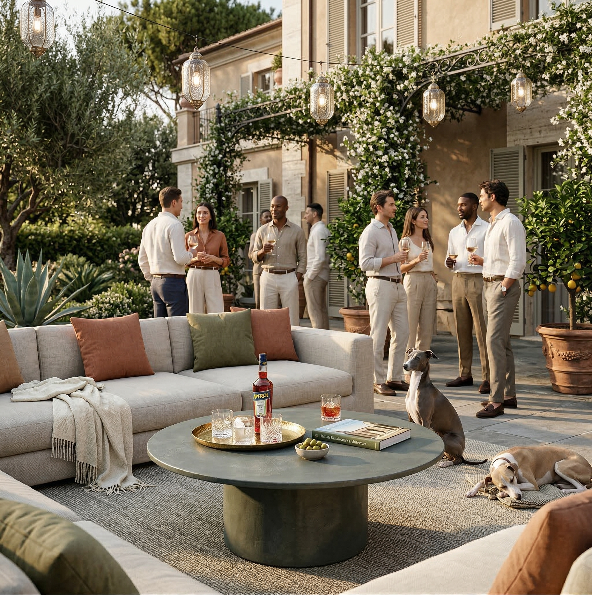 Tavolino ARKÉ MANOFATTI in finitura verde oliva ambientato in una lounge outdoor durante un aperitivo in giardino mediterraneo
