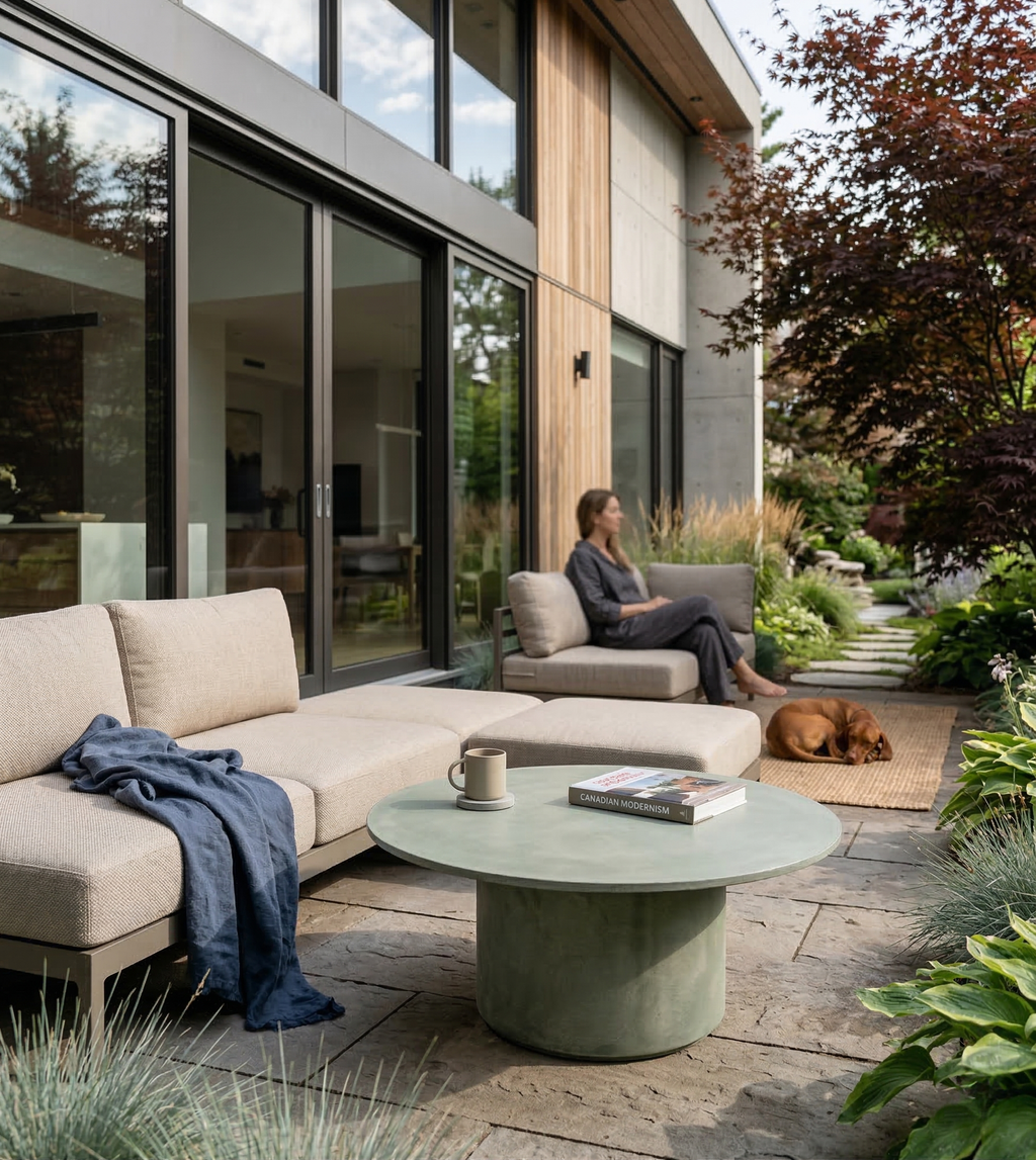 Tavolino ARKÉ MANOFATTI in finitura verde salvia ambientato in una terrazza giardino contemporanea