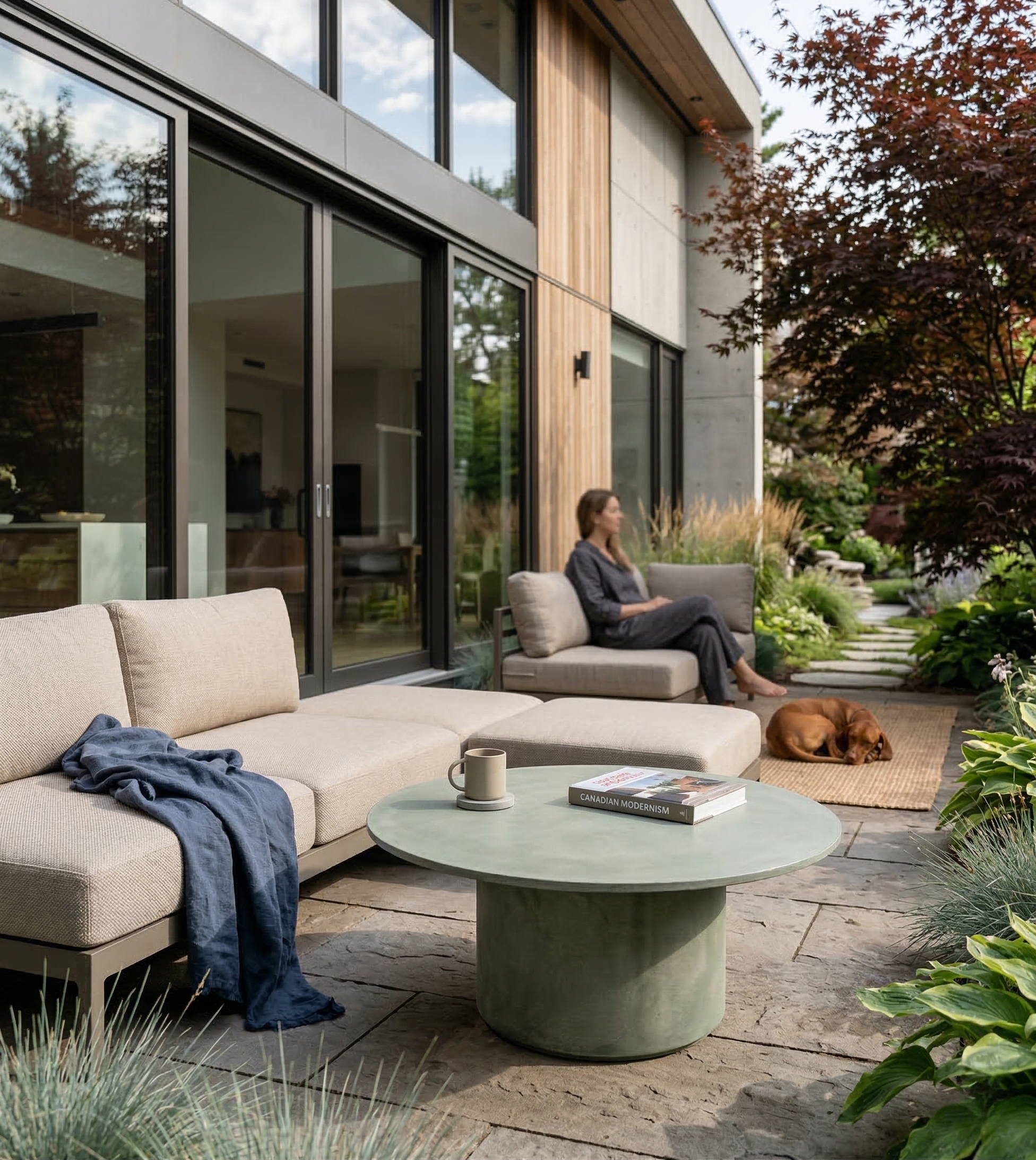Tavolino ARKÉ MANOFATTI in finitura verde salvia ambientato in una terrazza giardino contemporanea