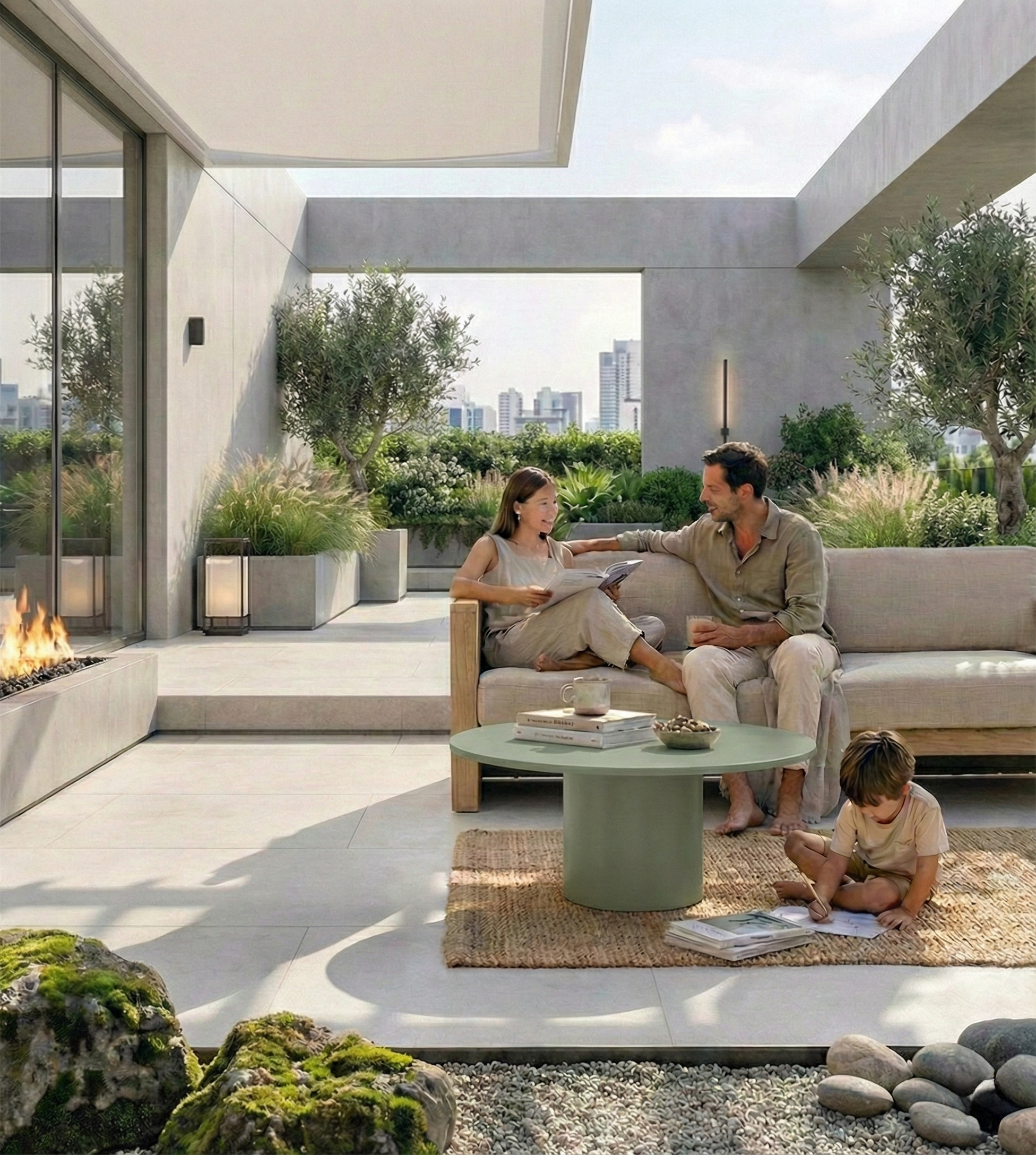 Tavolino ARKÉ MANOFATTI in finitura verde salvia ambientato in una terrazza contemporanea con giardino pensile e zona lounge familiare