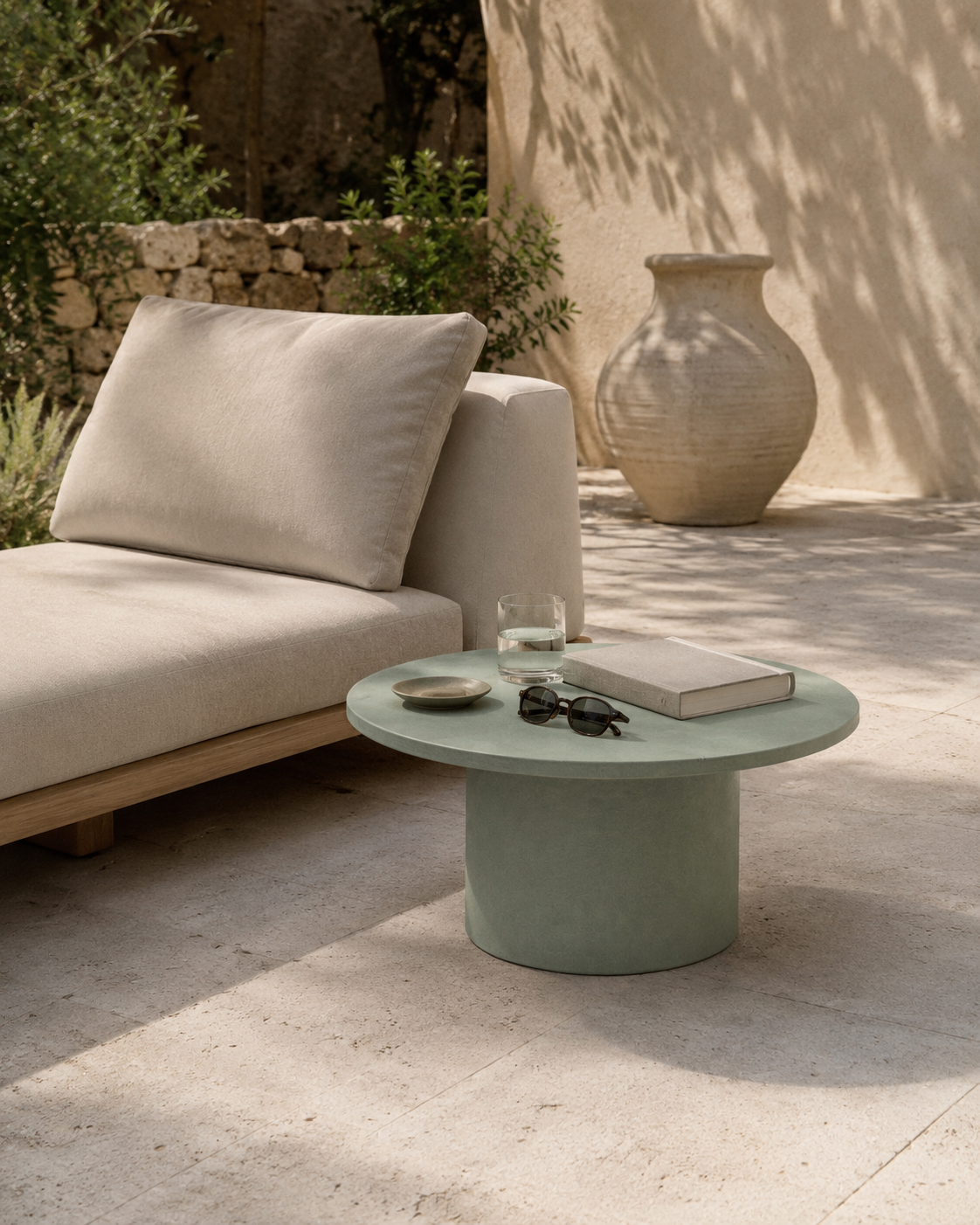 Tavolino ARKÉ MANOFATTI in finitura verde salvia ambientato su una terrazza mediterranea in pietra