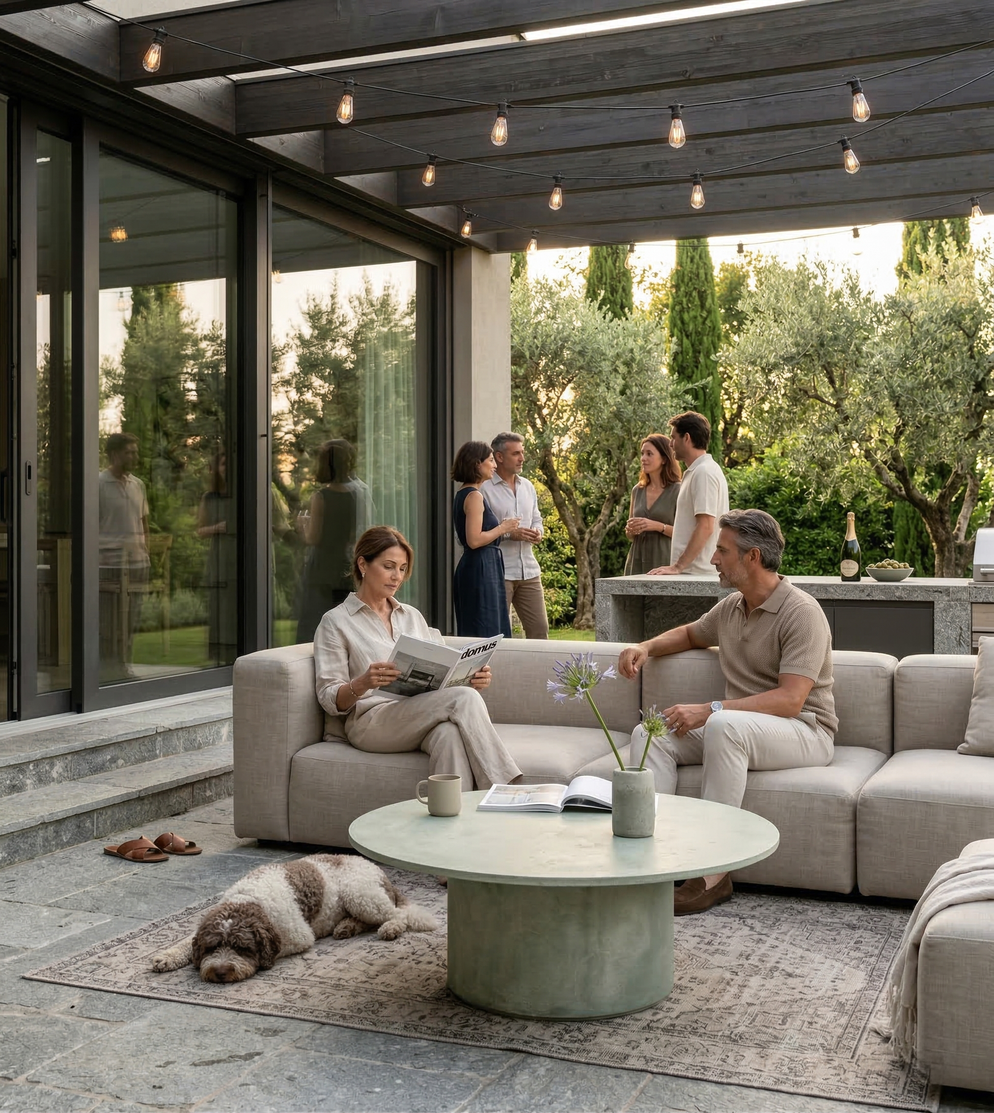 Tavolino ARKÉ MANOFATTI in finitura verde salvia ambientato in un lounge outdoor con pergola e giardino mediterraneo
