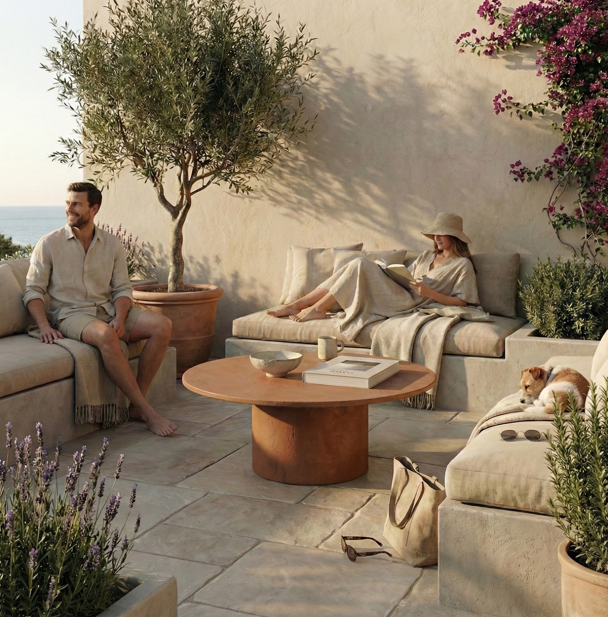 Tavolino ARKÉ MANOFATTI in finitura terra di Siena ambientato in una terrazza mediterranea vista mare