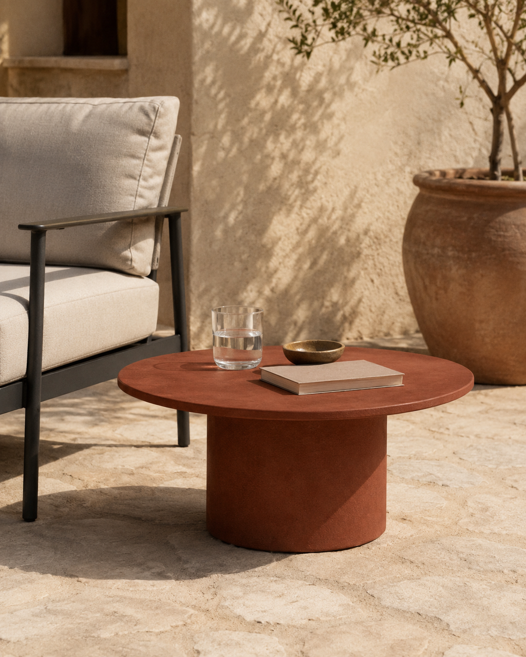 Tavolino ARKÉ MANOFATTI in finitura terra di Siena ambientato su una terrazza mediterranea in pietra