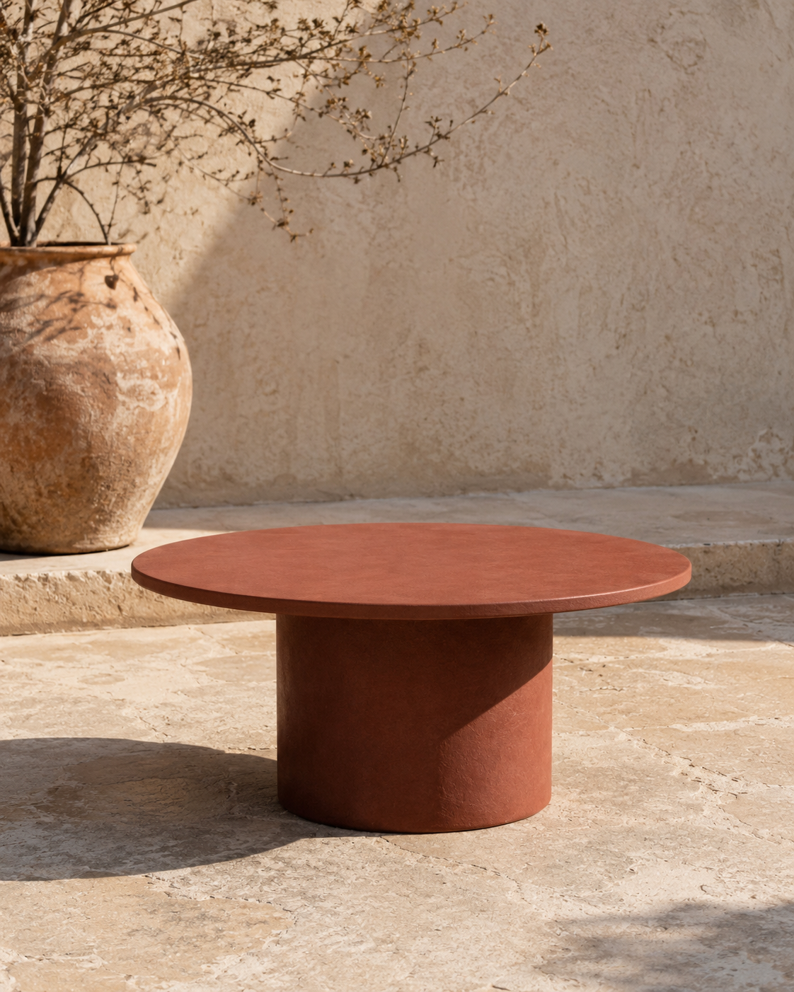 Tavolino ARKÉ MANOFATTI in finitura terra di Siena ambientato in una corte mediterranea in pietra