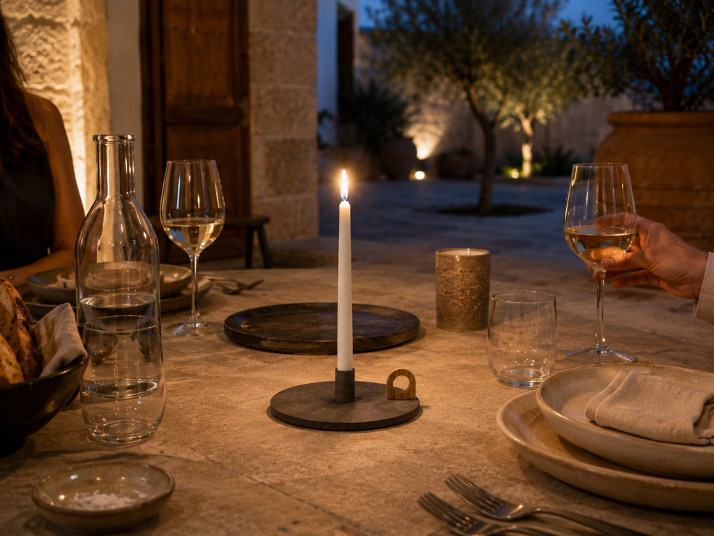 Portacandela FIAMMA tabacco scuro che illumina una cena outdoor mediterranea con vino, ceramiche e luce calda