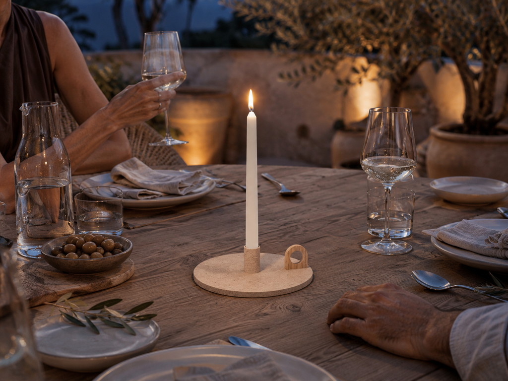 Portacandela FIAMMA MANOFATTI in finitura sabbia acceso su tavola outdoor mediterranea con olive e calici