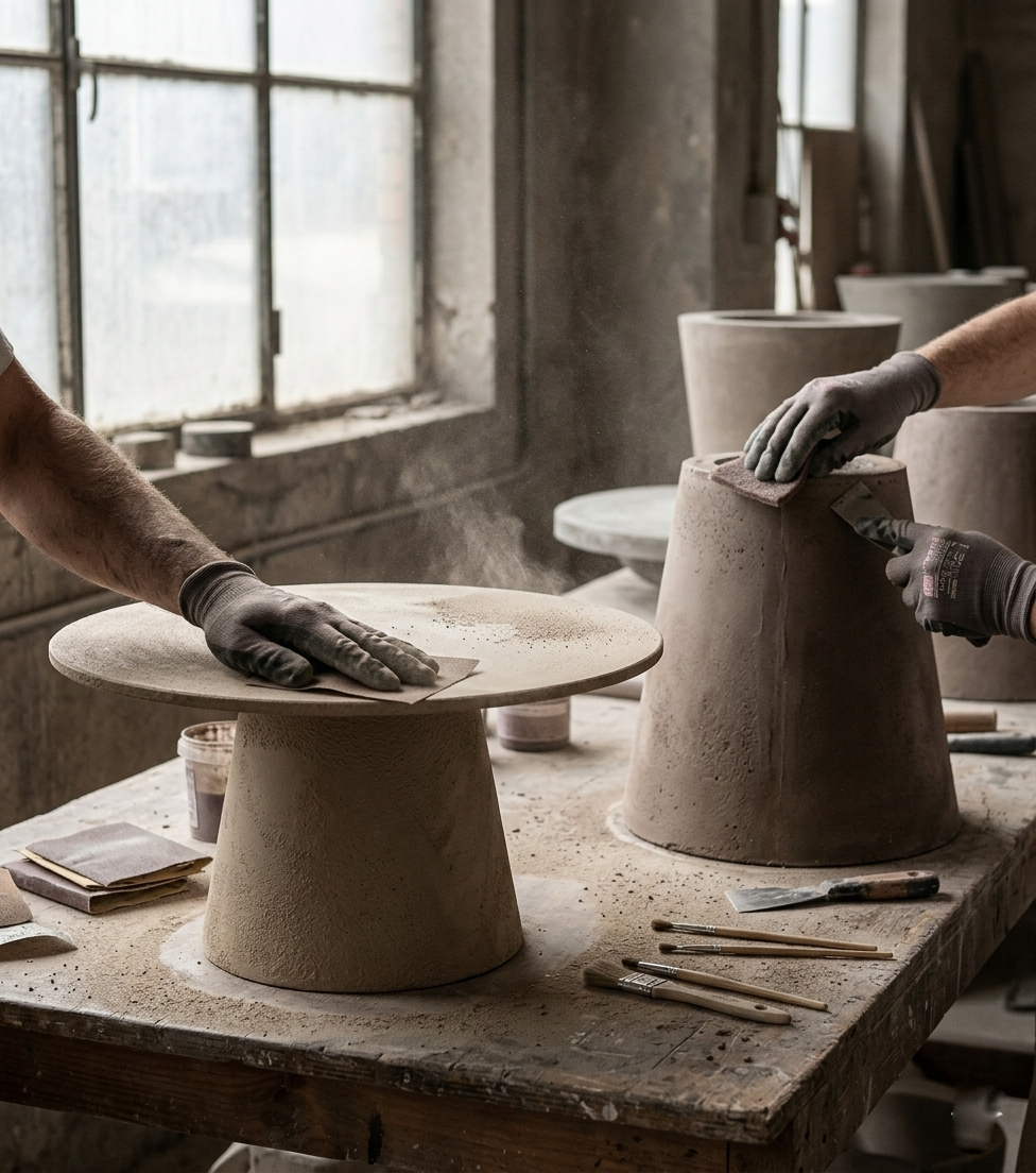 Lavorazione artigianale della superficie in cemento-resina dei prodotti MANOFATTI