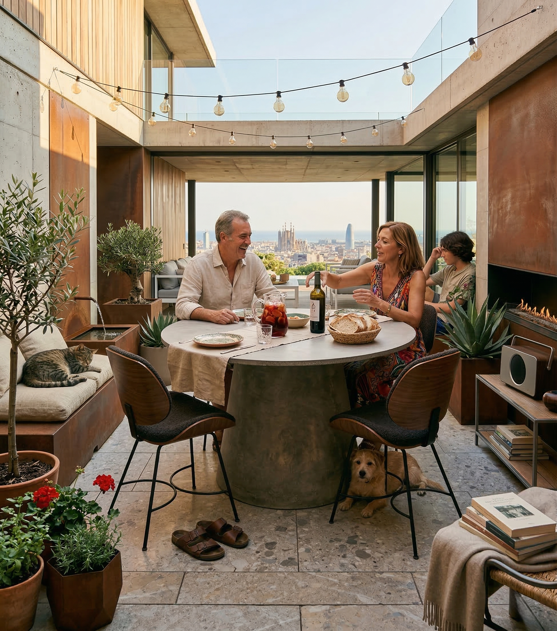 Tavolo ORBIS MANOFATTI ambientato su una terrazza rooftop a Barcellona con vista sulla Sagrada Família