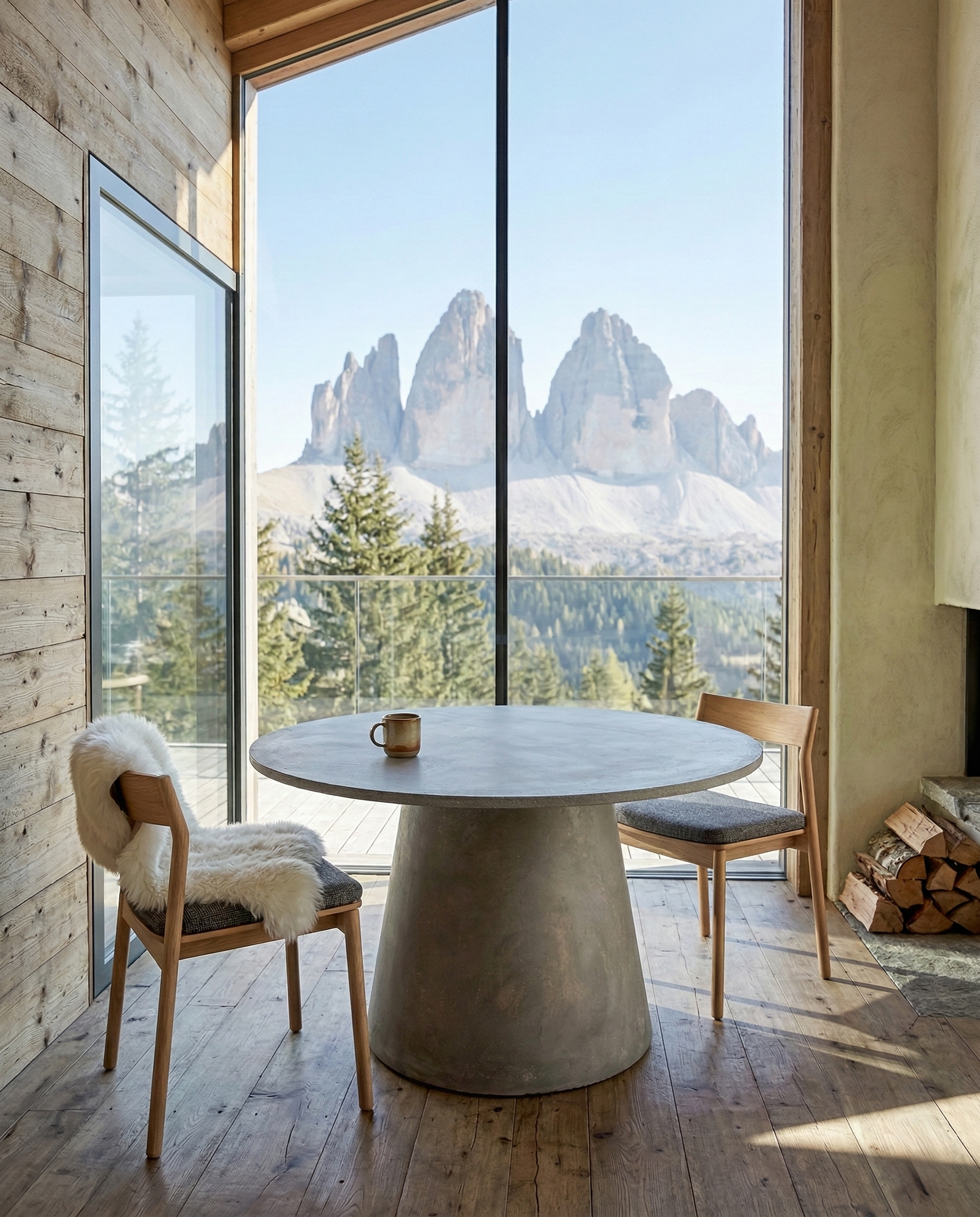 Tavolo ORBIS MANOFATTI ambientato in un interno alpino contemporaneo con vista sulle Dolomiti