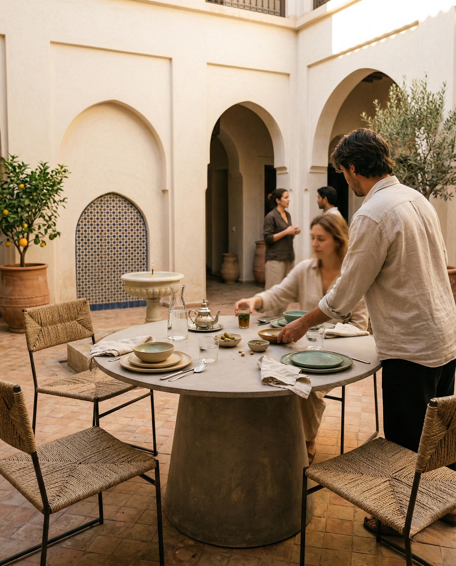 Tavolo ORBIS MANOFATTI ambientato in una corte stile riad marocchino durante un momento conviviale