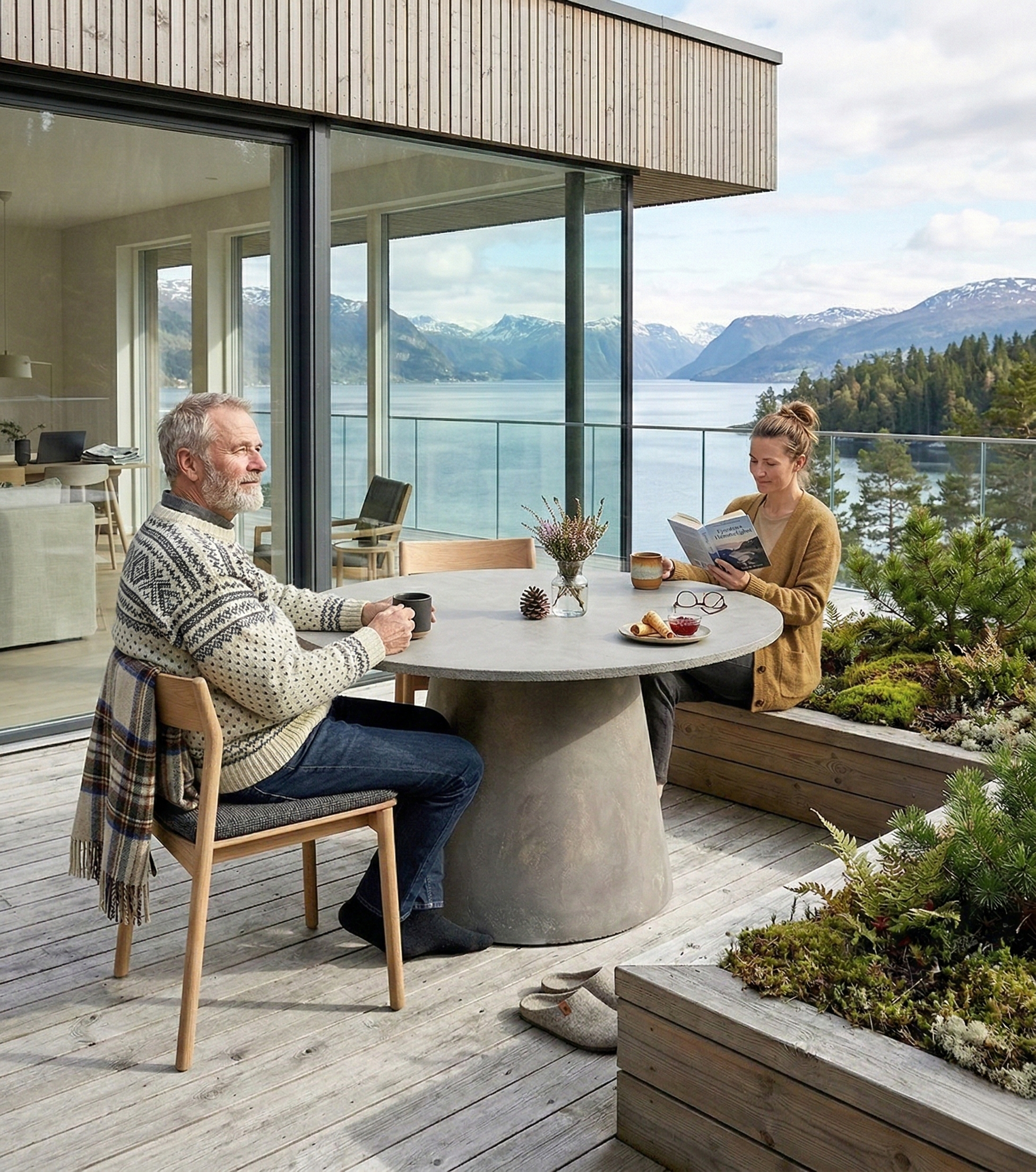 Tavolo ORBIS MANOFATTI ambientato su una terrazza nordica contemporanea con vista lago e montagne