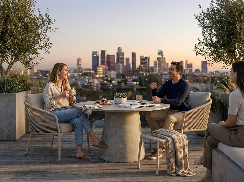 Tavolo ORBIS MANOFATTI ambientato su una terrazza rooftop con skyline urbano al tramonto