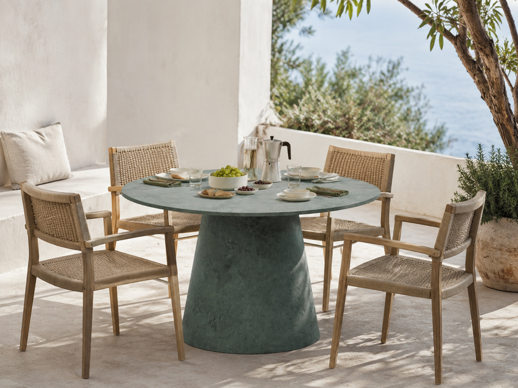 Tavolo ORBIS MANOFATTI in finitura verde salvia ambientato su una terrazza mediterranea vista mare