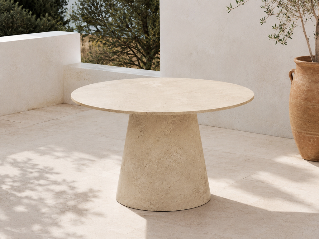 Tavolo ORBIS MANOFATTI in finitura sabbia ambientato su una terrazza mediterranea in pietra