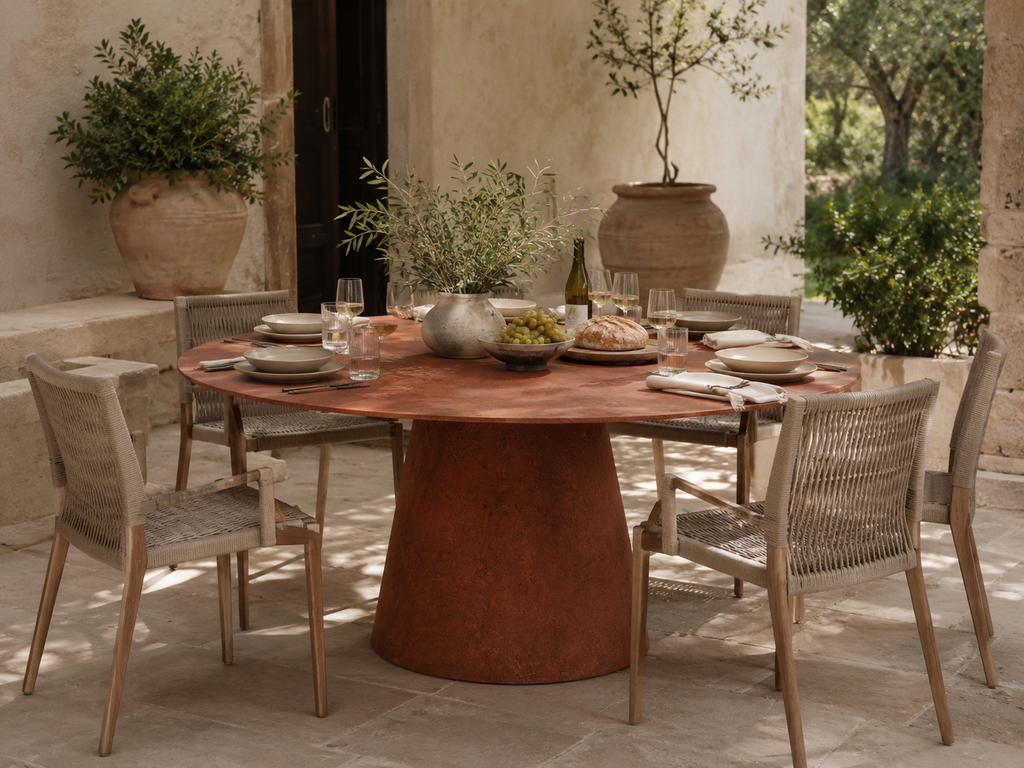 Tavolo ORBIS MANOFATTI in finitura terra di Siena ambientato in una corte mediterranea durante un pranzo outdoor