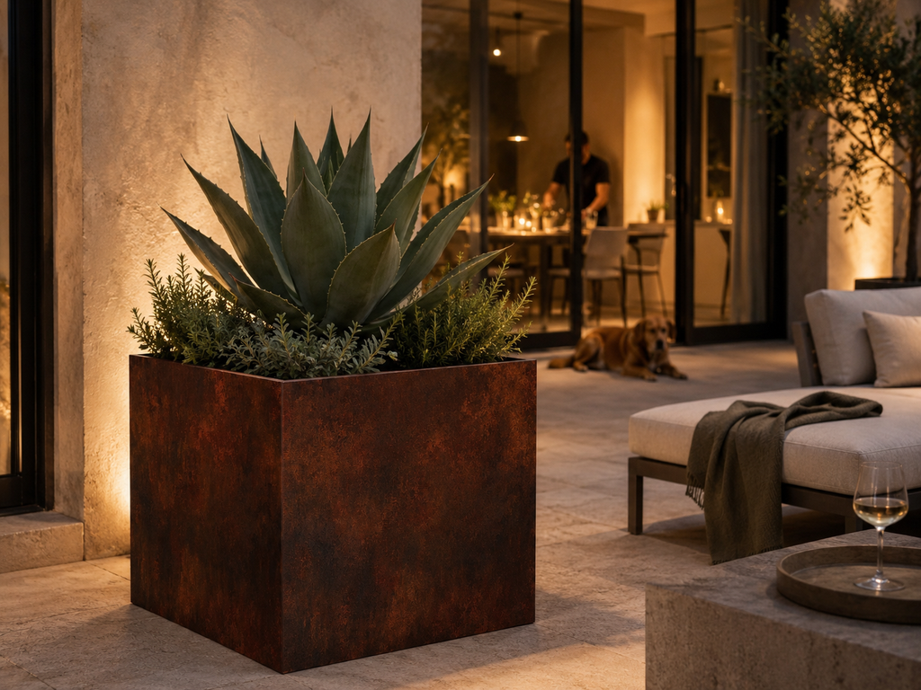 Vaso QUADRA in acciaio corten MANOFATTI con agave ambientato in un outdoor serale di villa moderna