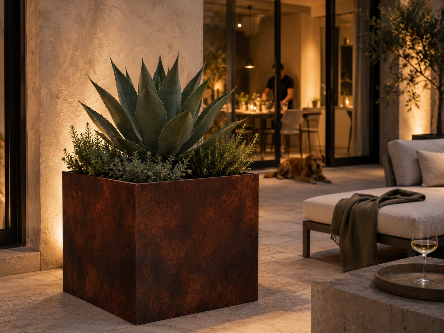 Vaso QUADRA in acciaio corten MANOFATTI con agave ambientato in un outdoor serale di villa moderna