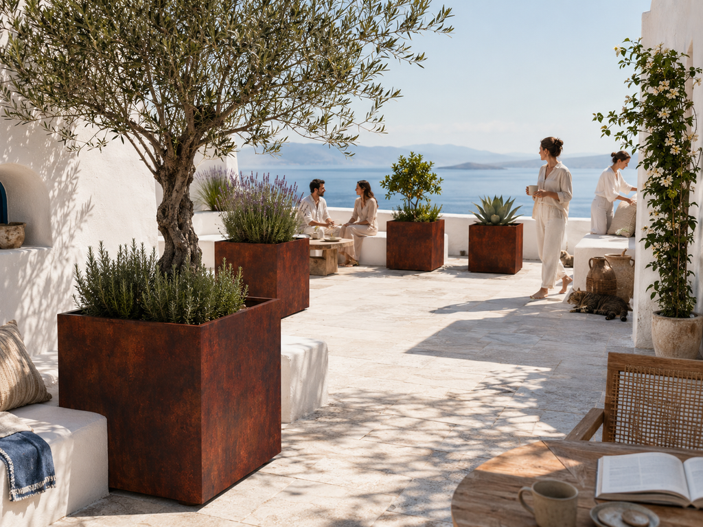 Collezione di vasi QUADRA in acciaio corten MANOFATTI ambientati in terrazza mediterranea vista mare