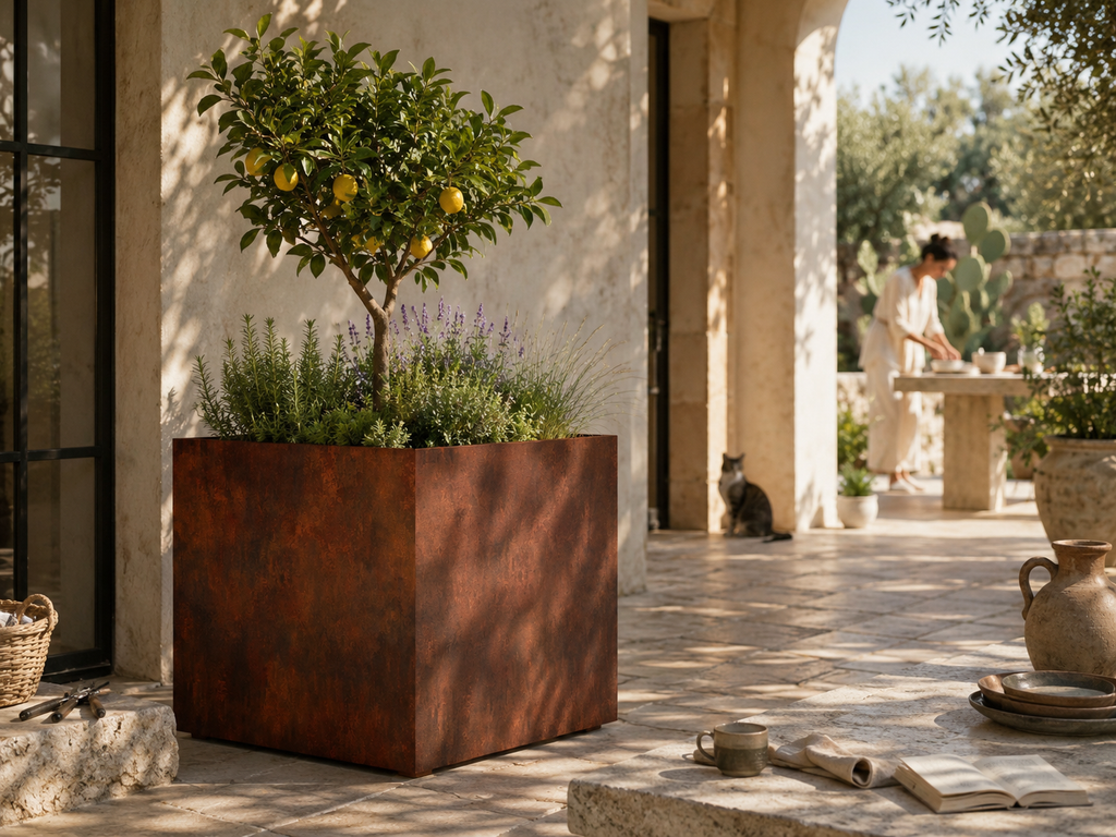 Vaso QUADRA in acciaio corten MANOFATTI con albero di limone ambientato in corte mediterranea