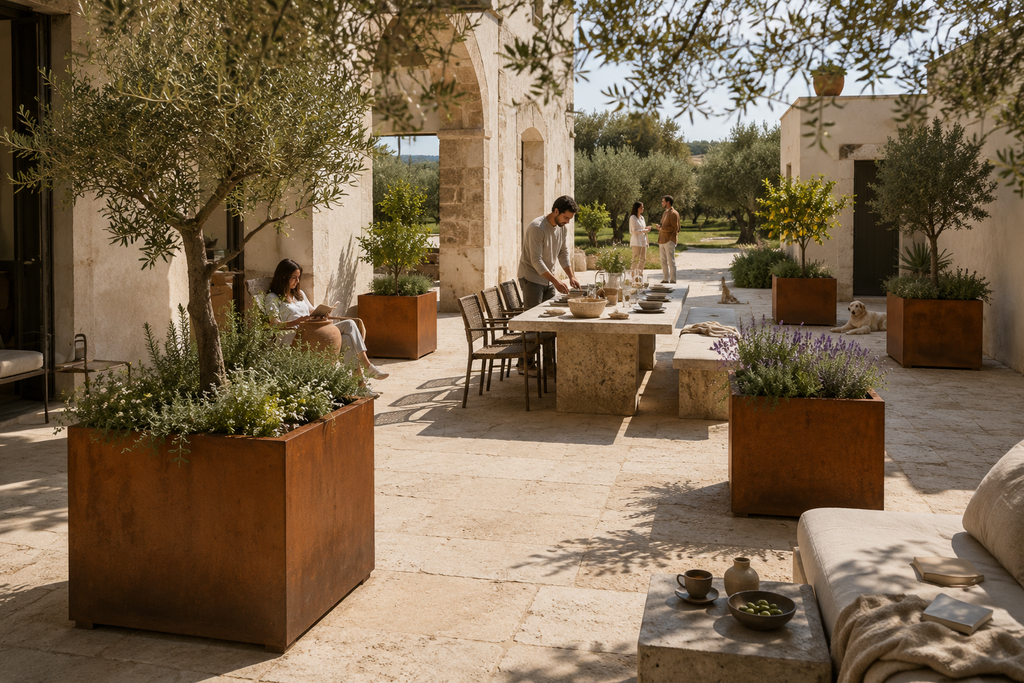 Vaso QUADRA in acciaio corten MANOFATTI ambientato in una terrazza mediterranea