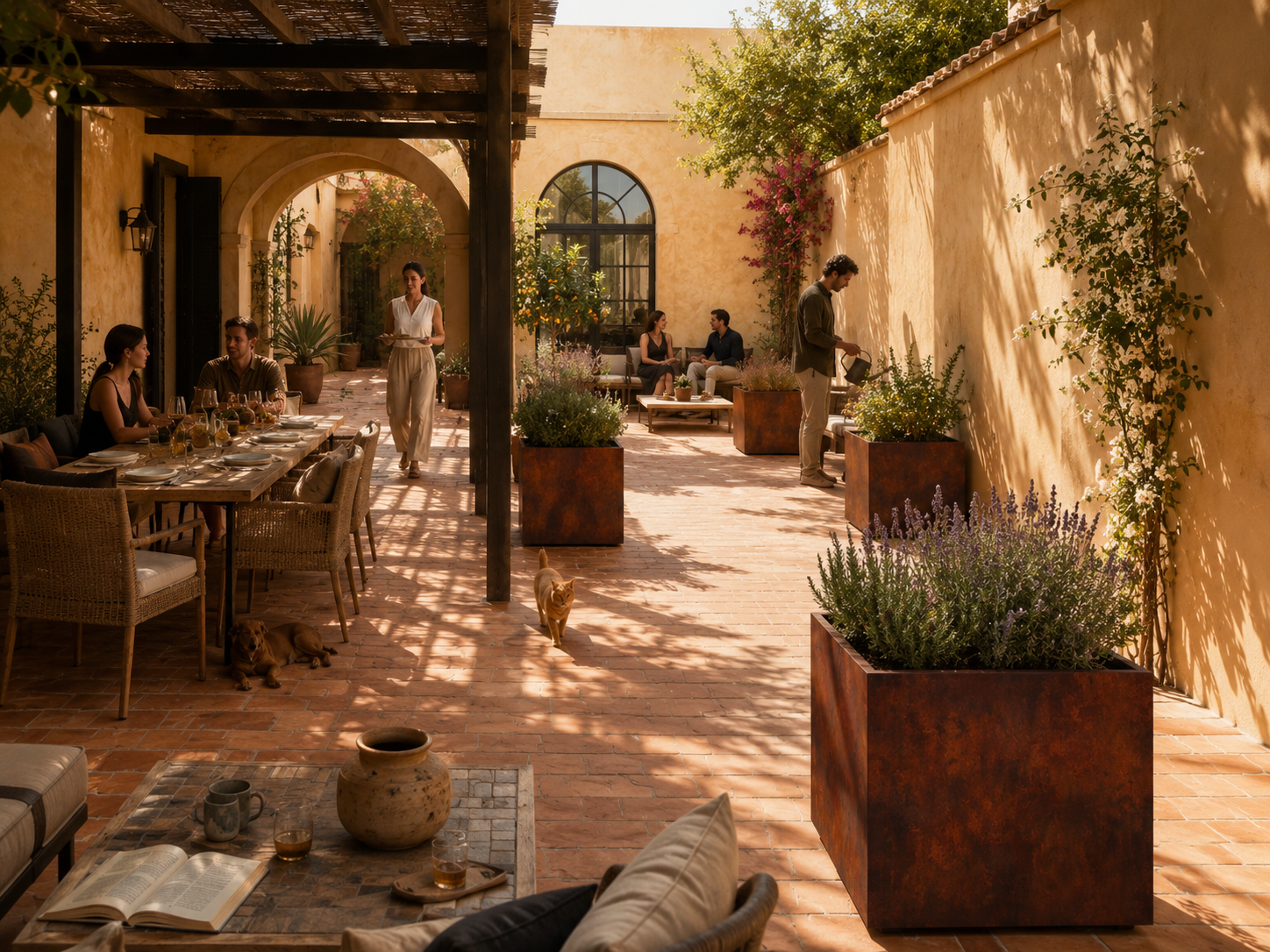 Vaso QUADRA in acciaio corten MANOFATTI ambientato in un patio mediterraneo outdoor