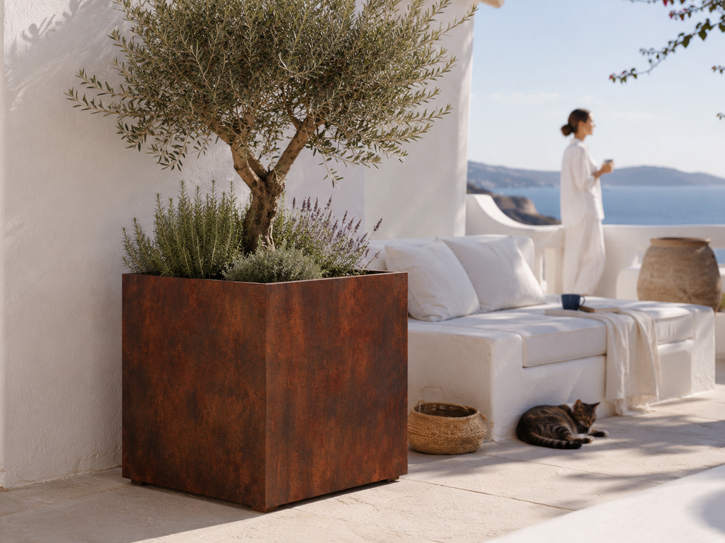 Vaso QUADRA in acciaio corten MANOFATTI con ulivo ambientato in terrazza mediterranea vista mare