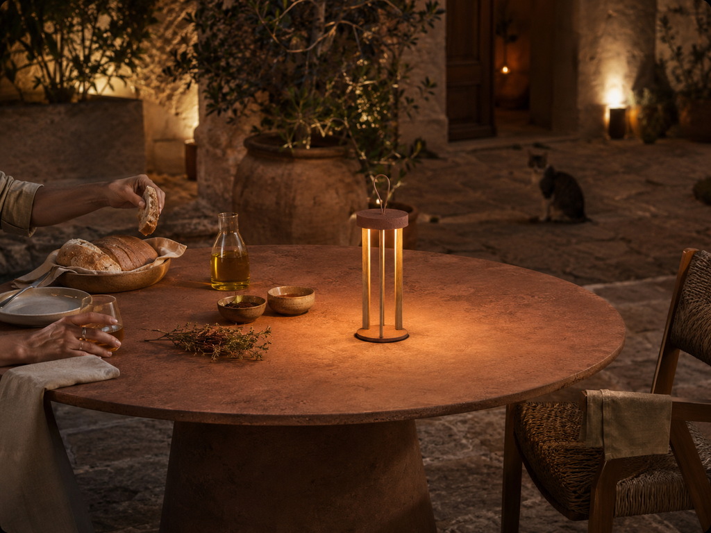 Lampada portatile TIZIA MANOFATTI in finitura terra di Siena accesa su tavola outdoor in una corte mediterranea notturna