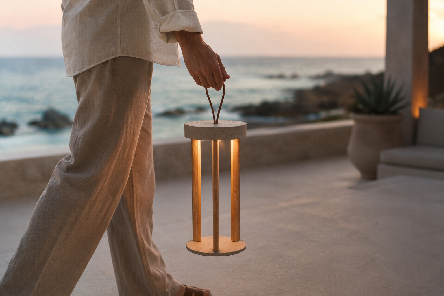 Lampada portatile TIZIA MANOFATTI in finitura sabbia trasportata dal laccio in cuoio su terrazza vista mare al tramonto